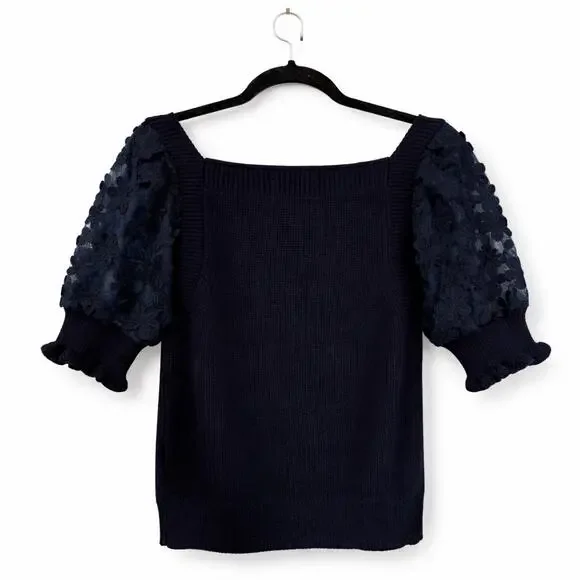 Industry Navy Knit Sweater with Embroidered Lace Puff Sleeves – Size L - Picture 2 of 5